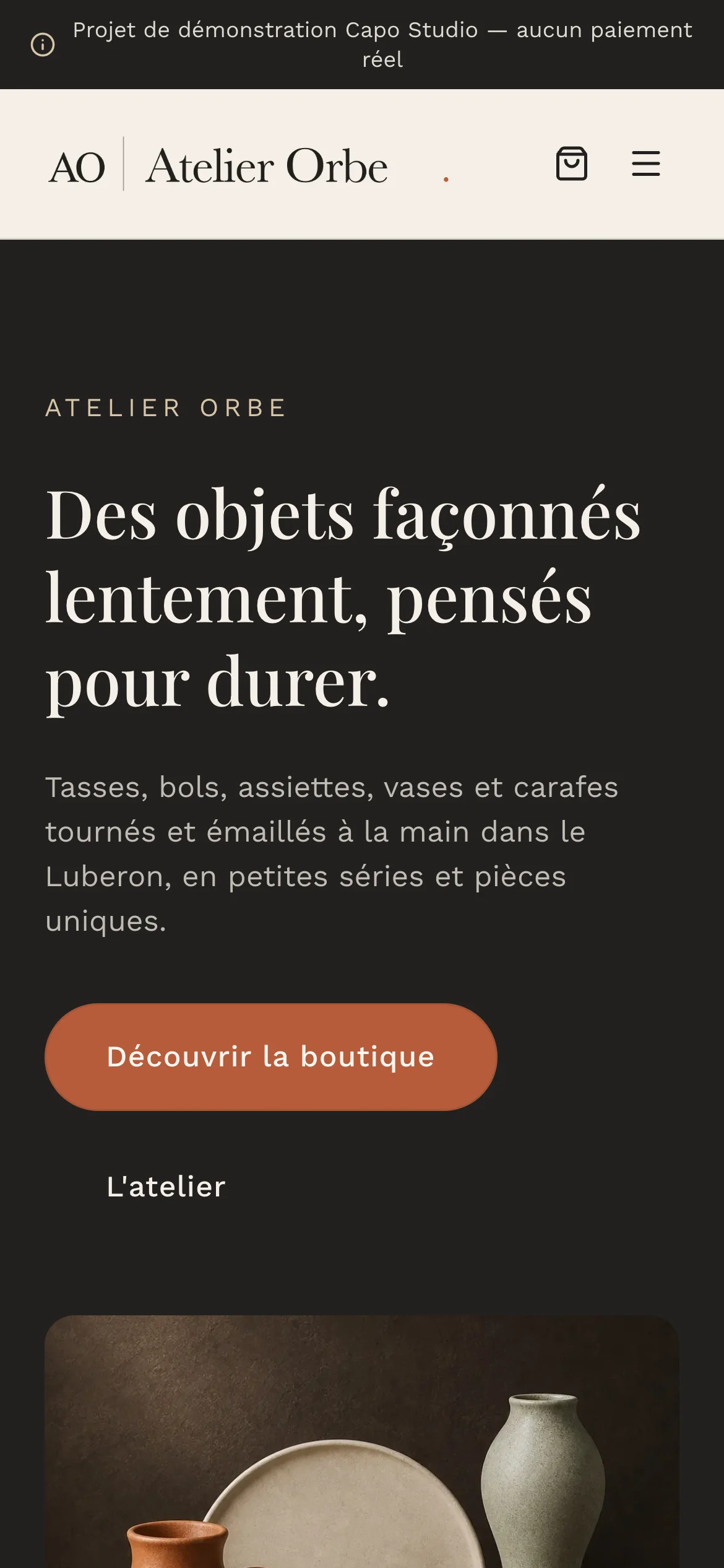 Version mobile de la boutique Atelier Orbe, une réalisation Capo Studio