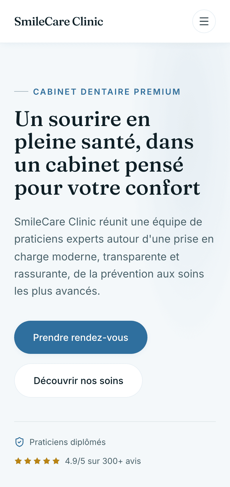 Capture d'écran de la page d'accueil en mobile