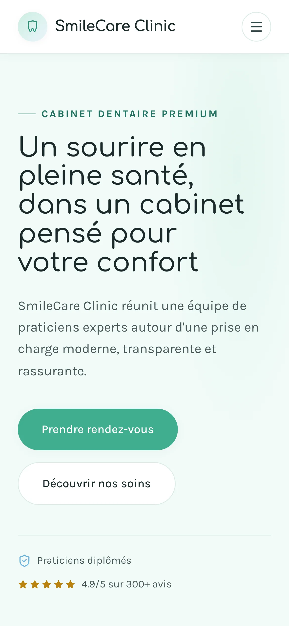 Capture d'écran de la page d'accueil en mobile