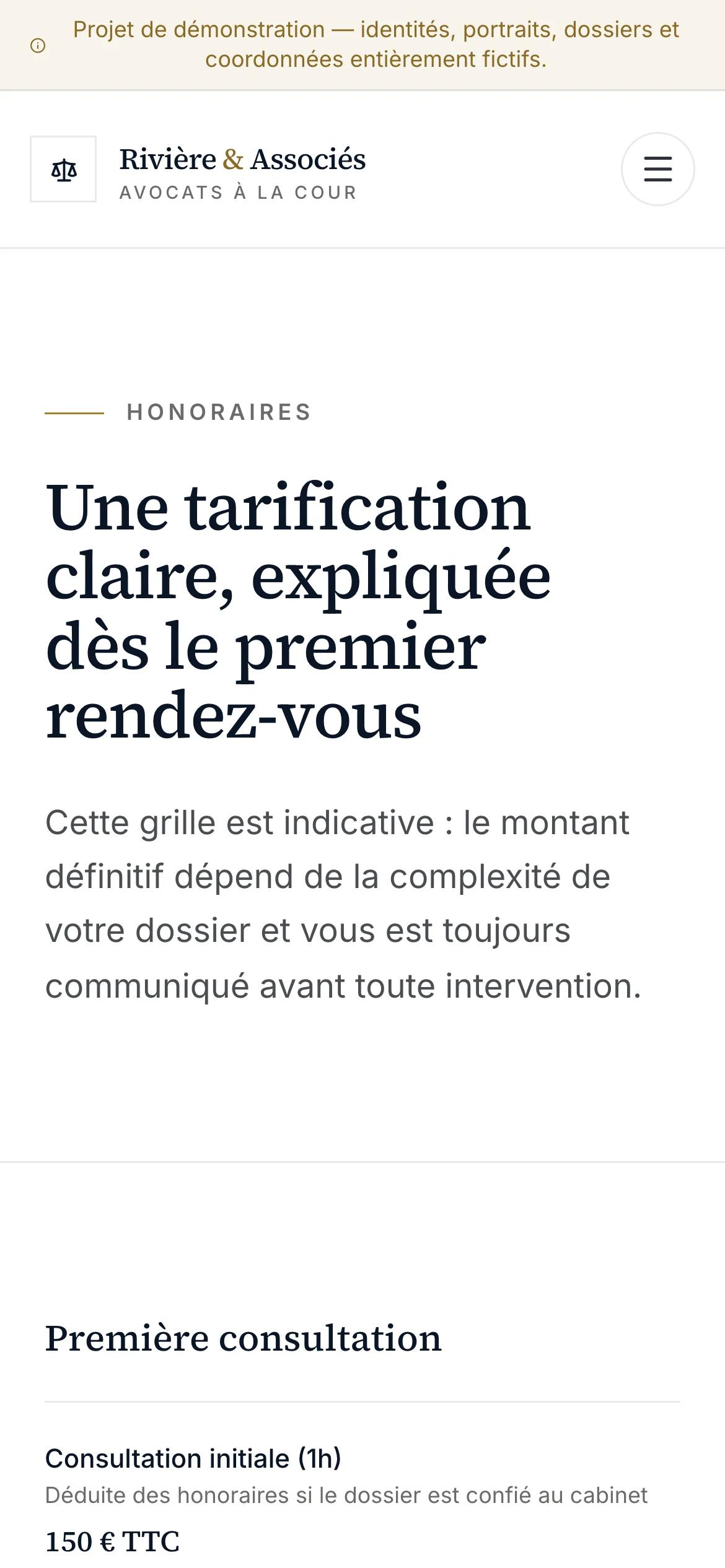 Capture d'écran réelle de la page des honoraires en mobile