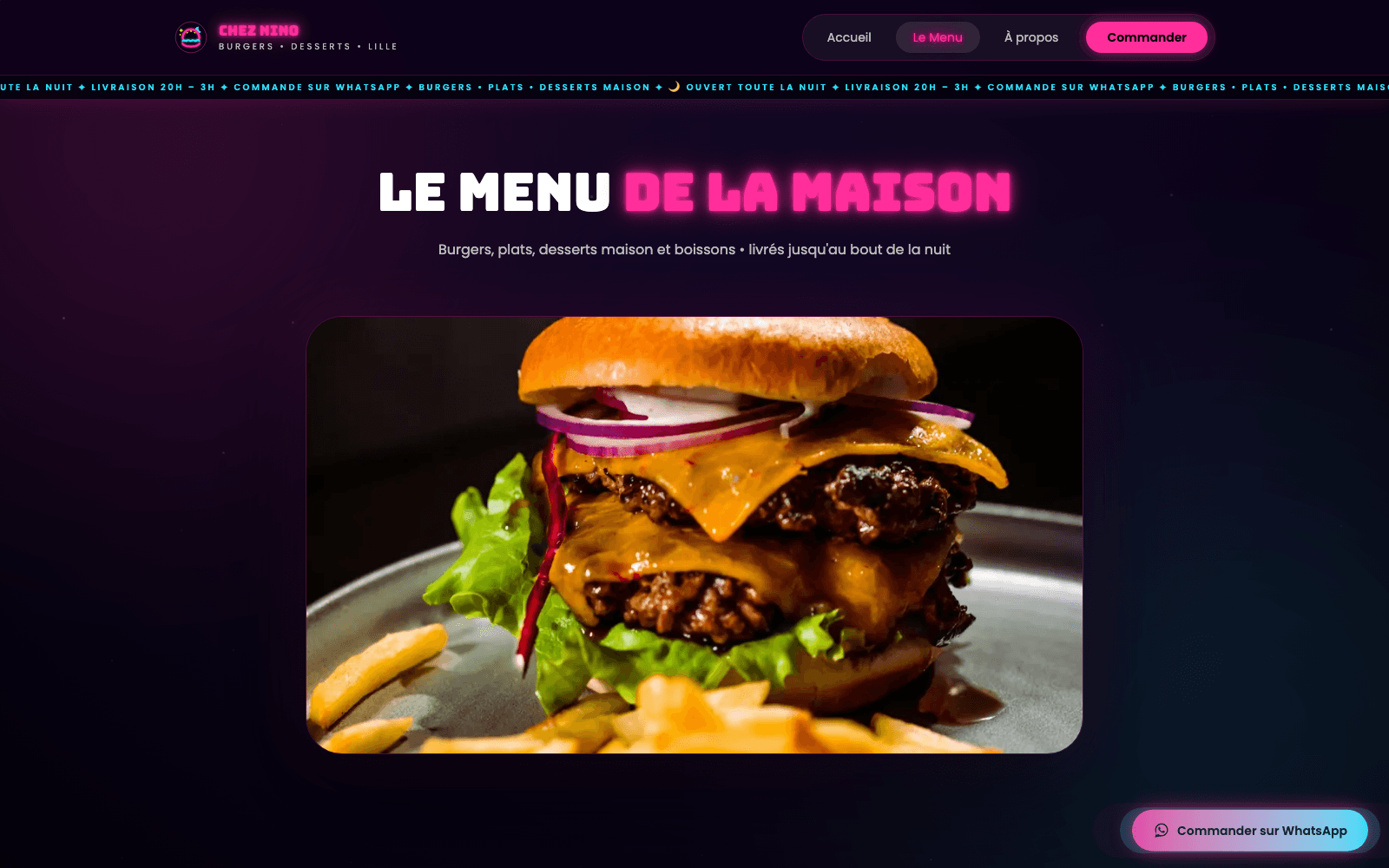 Capture d'écran réelle de la page menu de Chez Nino