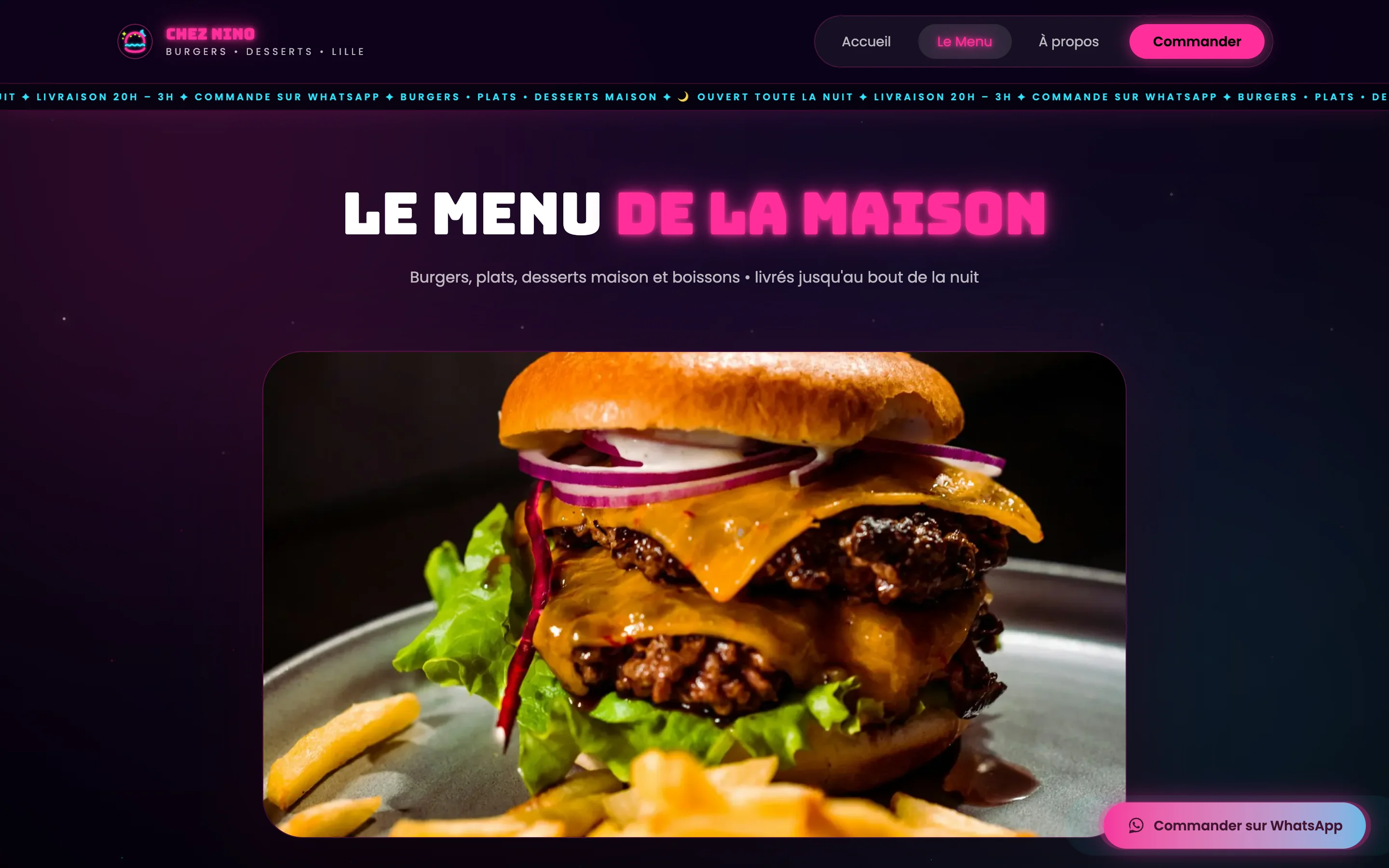 Capture d'écran réelle de la page menu de Chez Nino