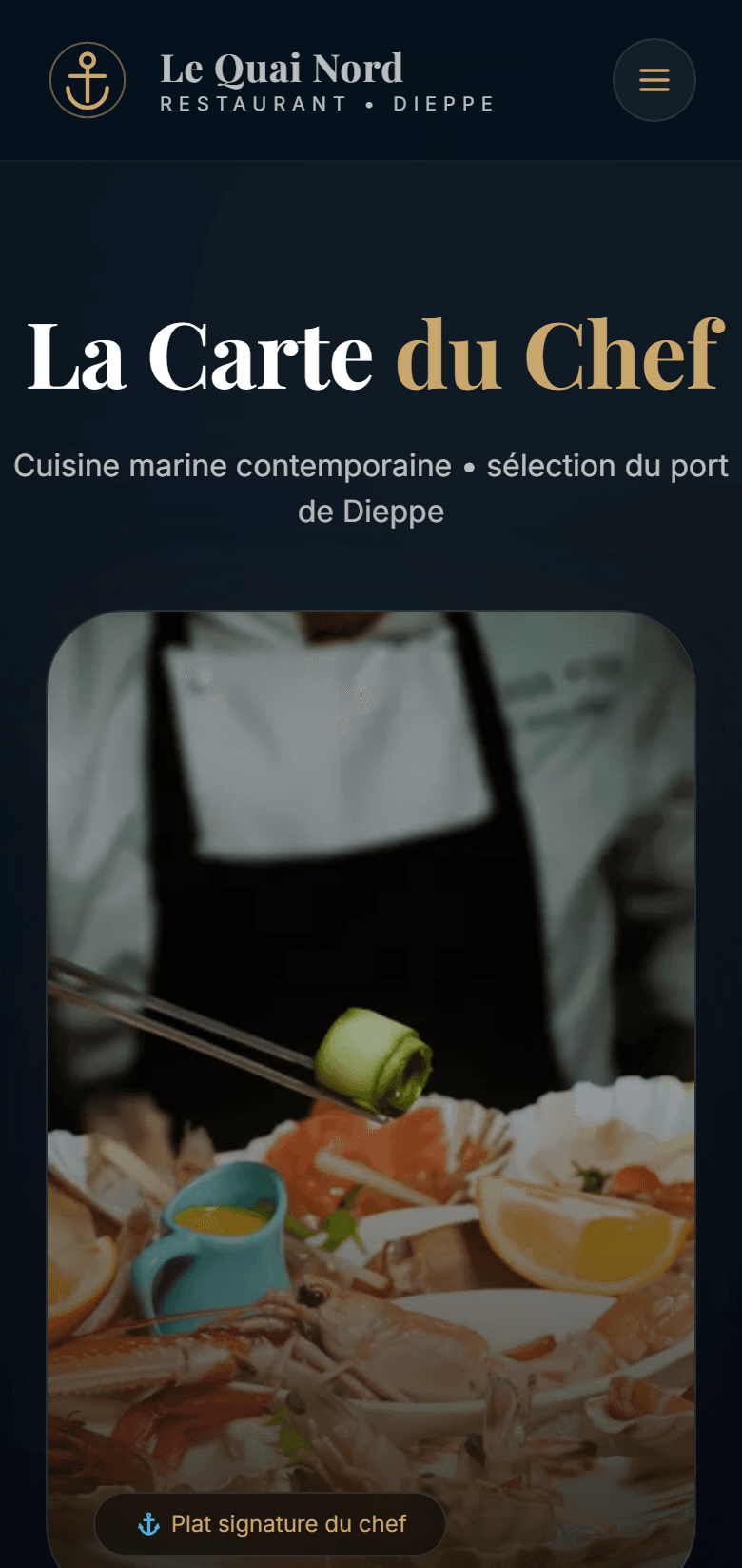 Capture d'écran réelle de la carte du restaurant en mobile