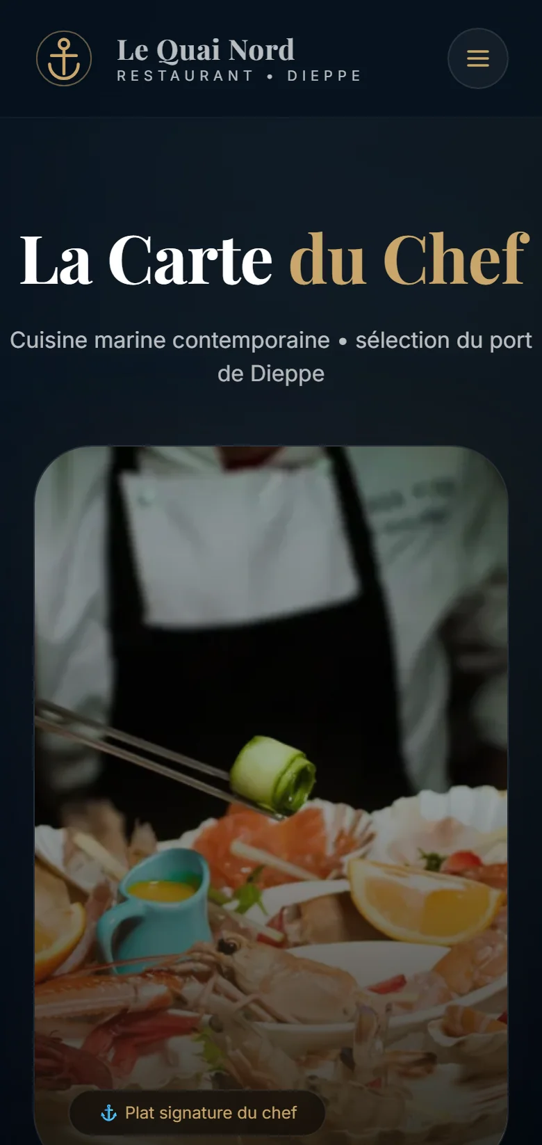Capture d'écran réelle de la carte du restaurant en mobile