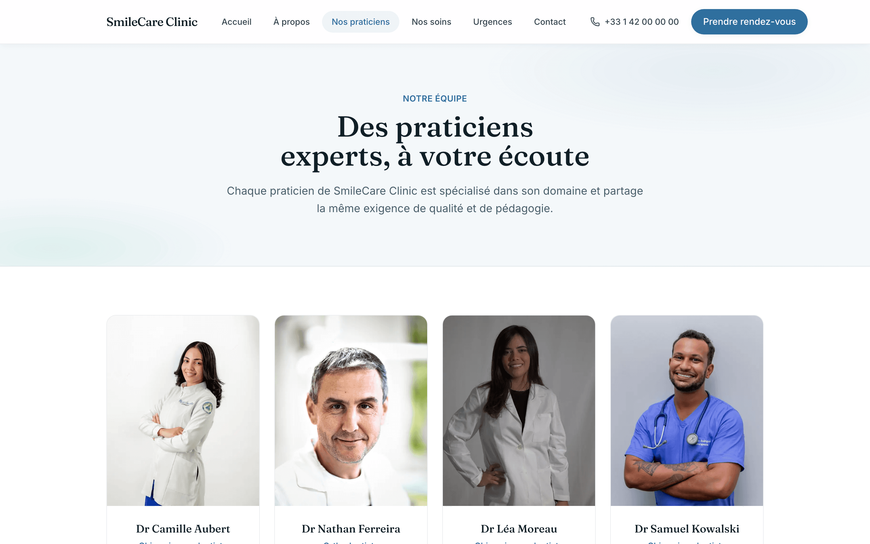 Capture d'écran réelle de la page des praticiens