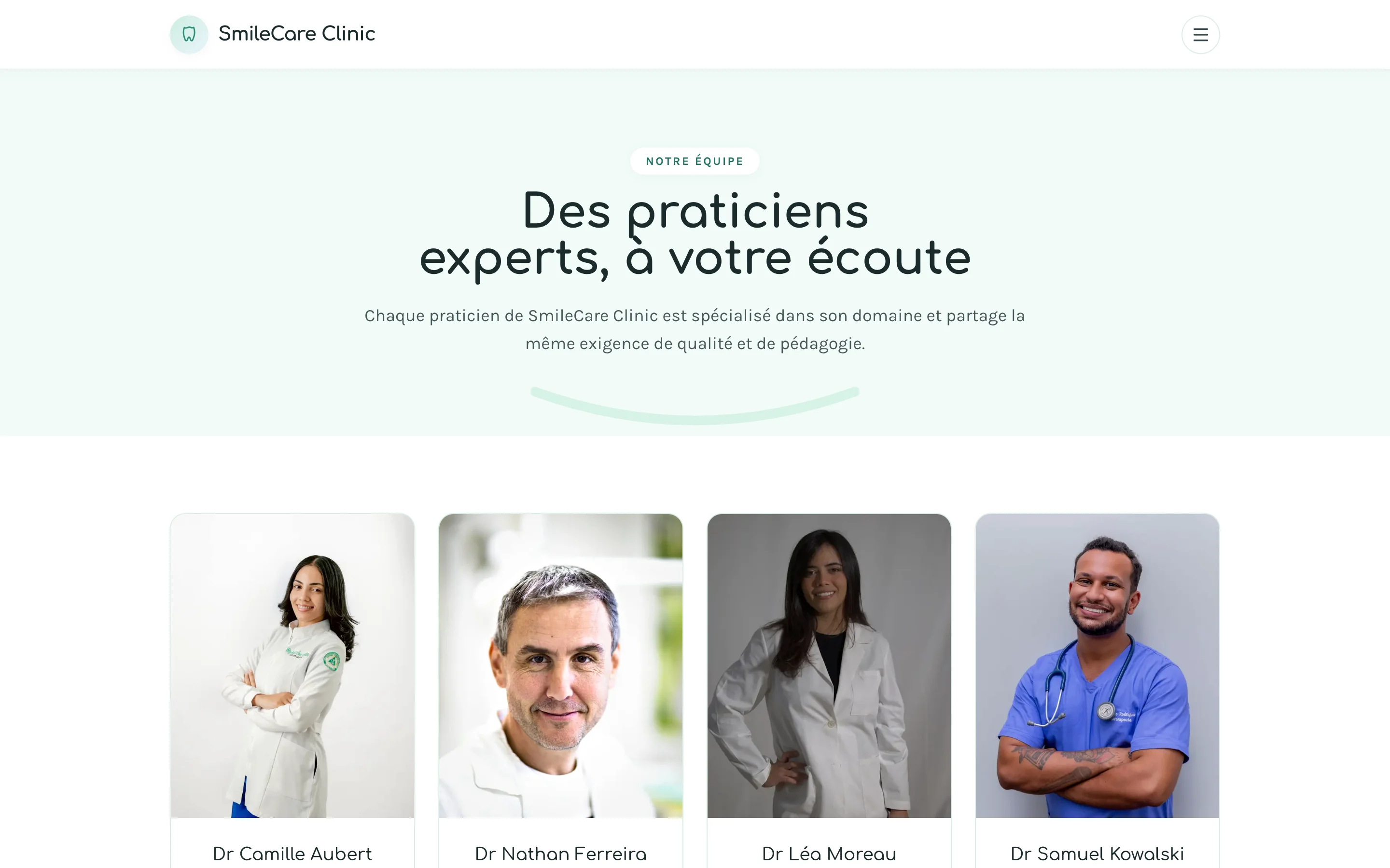 Capture d'écran réelle de la page des praticiens