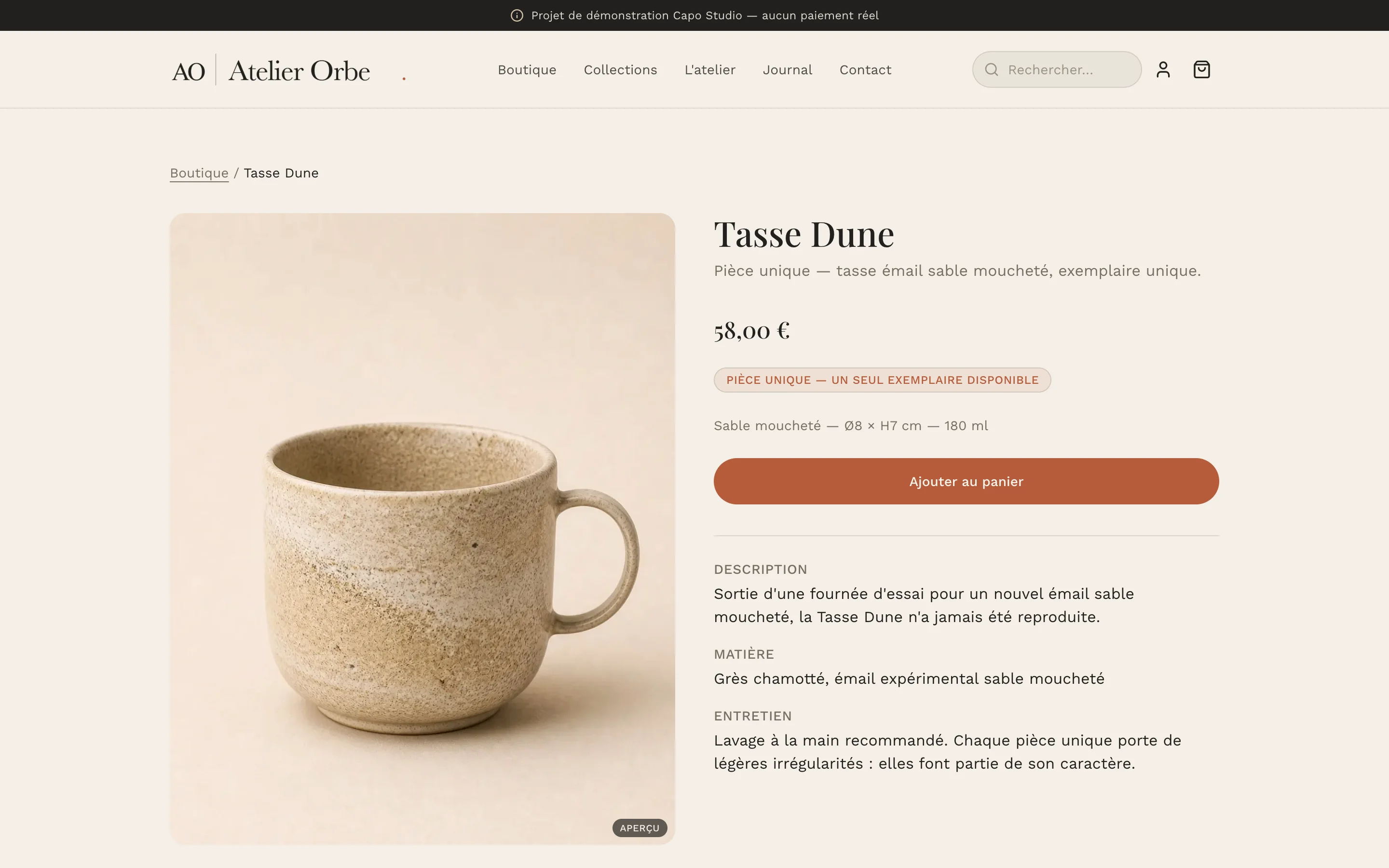 Capture d'écran réelle d'une fiche produit Atelier Orbe