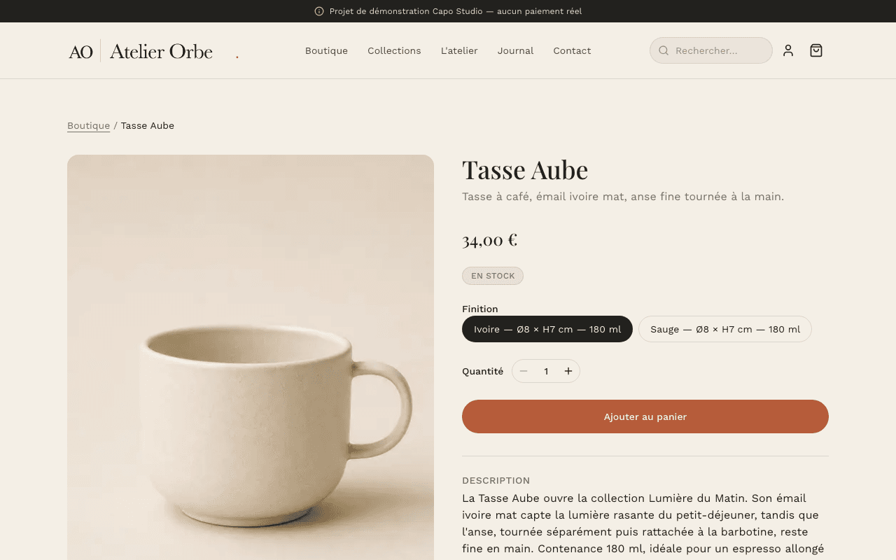 Capture d'écran réelle d'une fiche produit Atelier Orbe