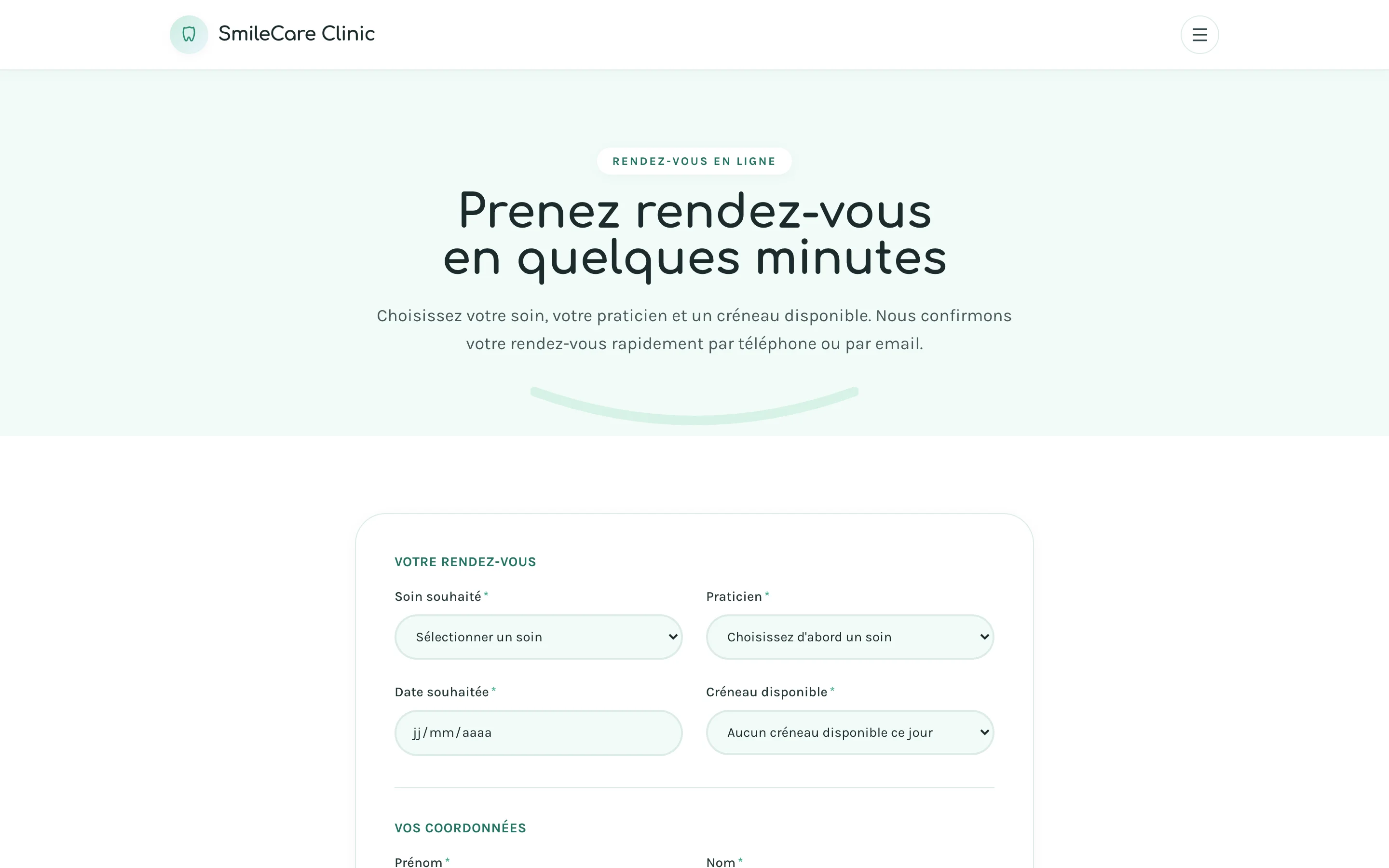 Capture d'écran réelle du formulaire de prise de rendez-vous en ligne