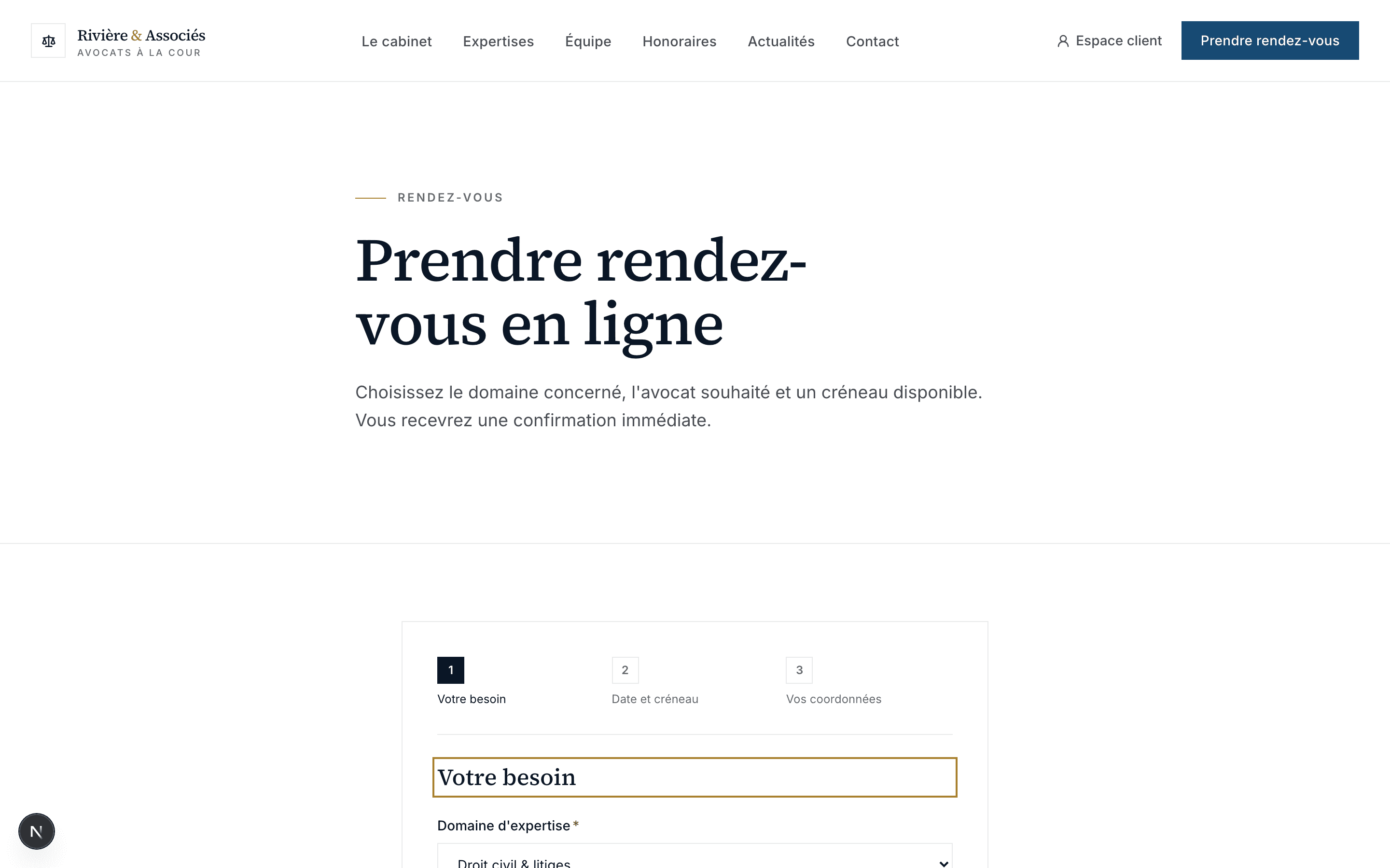 Capture d'écran réelle de la première étape de la prise de rendez-vous