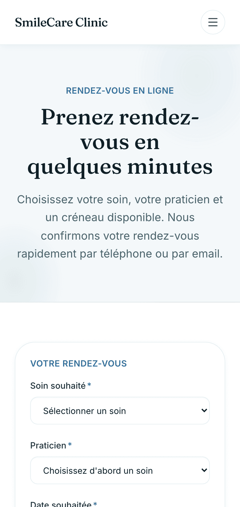 Capture d'écran réelle de la prise de rendez-vous en mobile