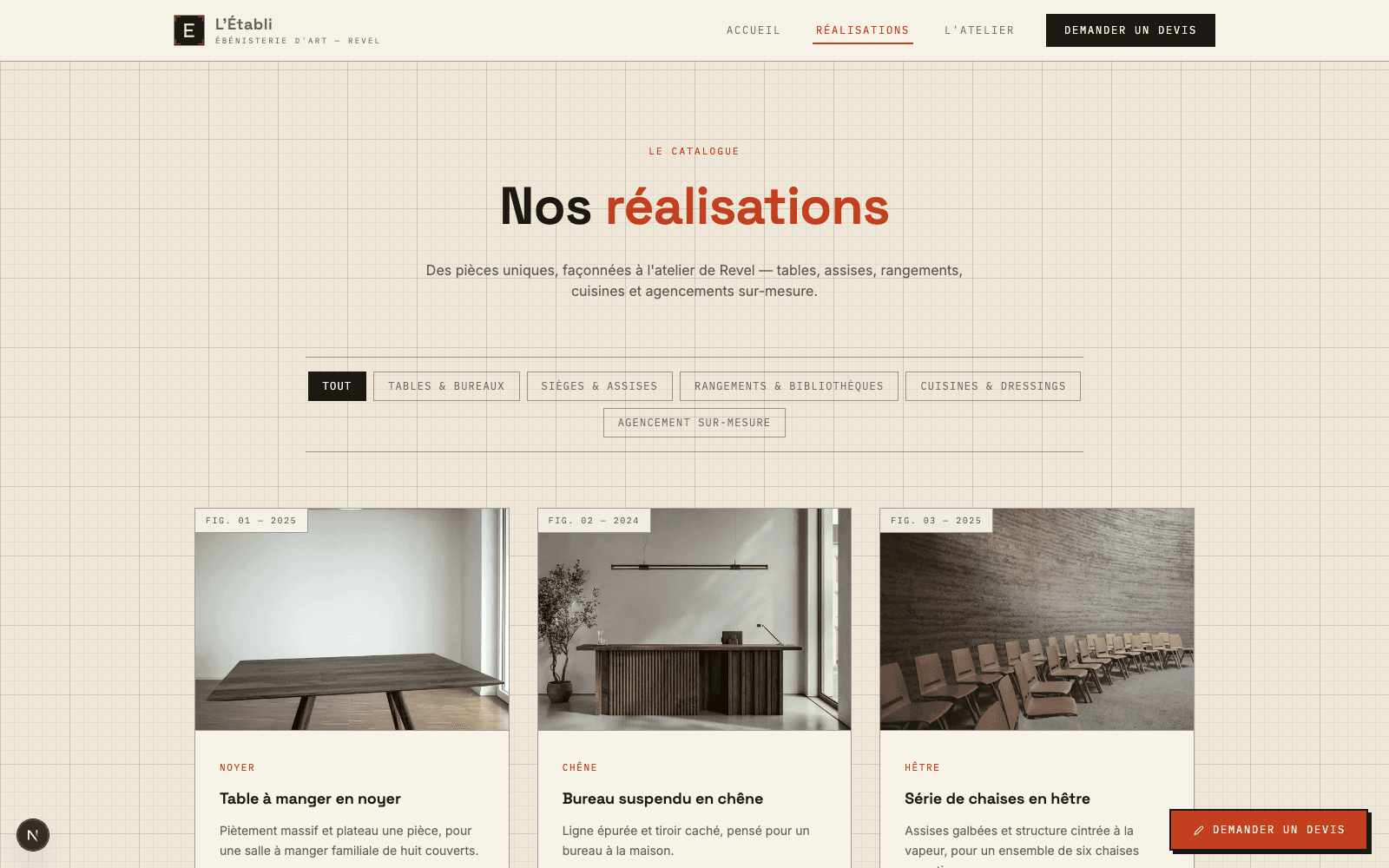 Capture d'écran de la page Dix réalisations, cinq catégories, un filtre instantané