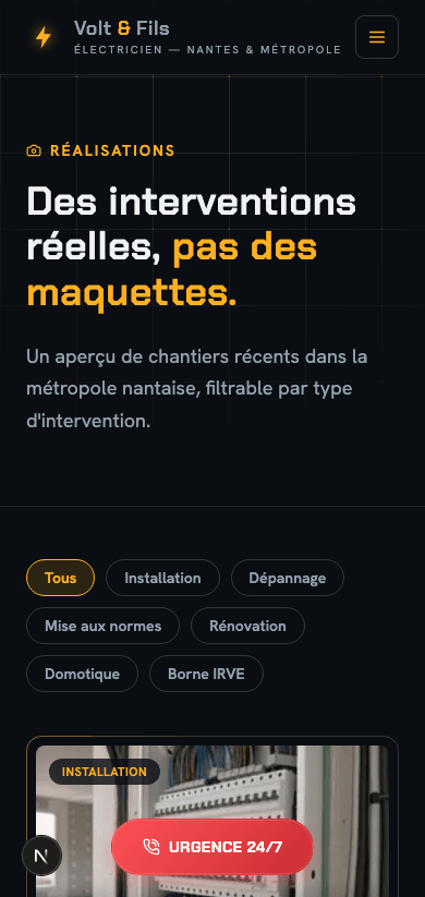 Capture d'écran réelle de la page Réalisations en mobile