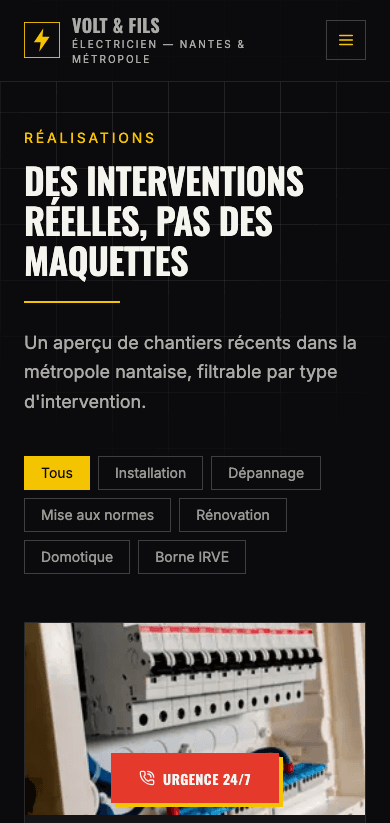 Capture d'écran réelle de la page Réalisations en mobile