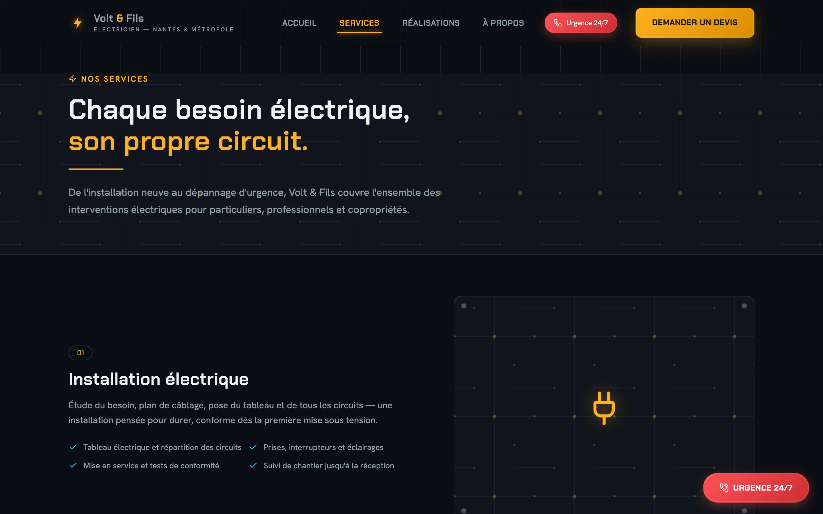 Capture d'écran réelle de la page Services de Volt & Fils
