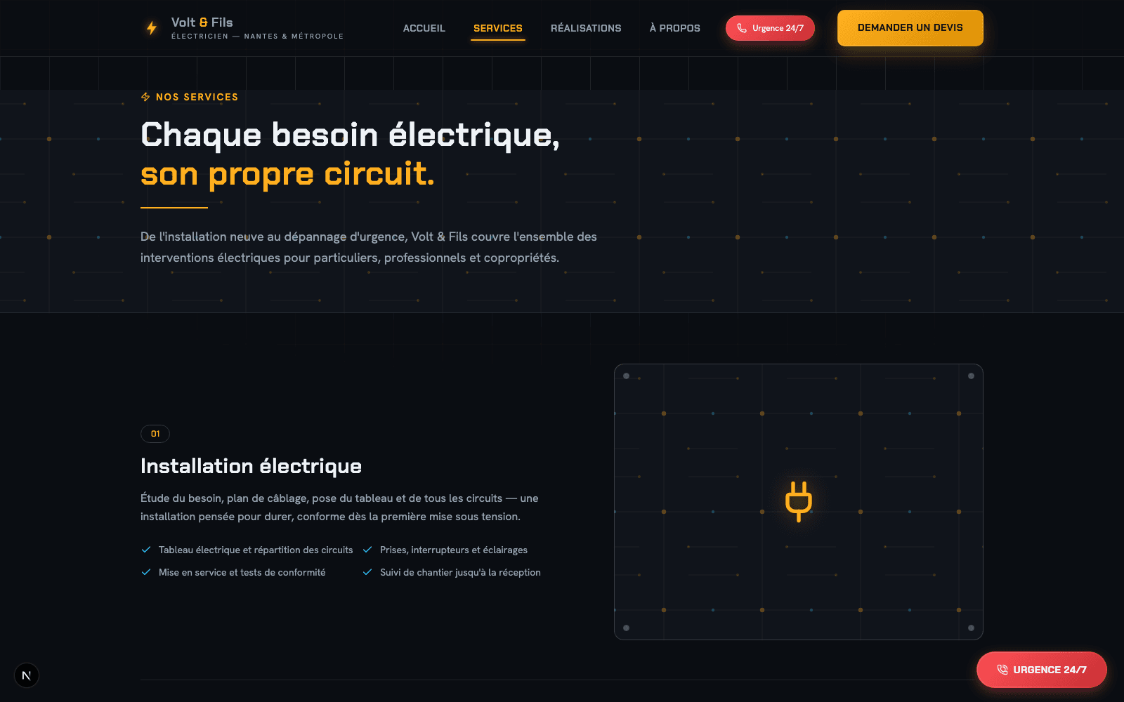 Capture d'écran réelle de la page Services de Volt & Fils