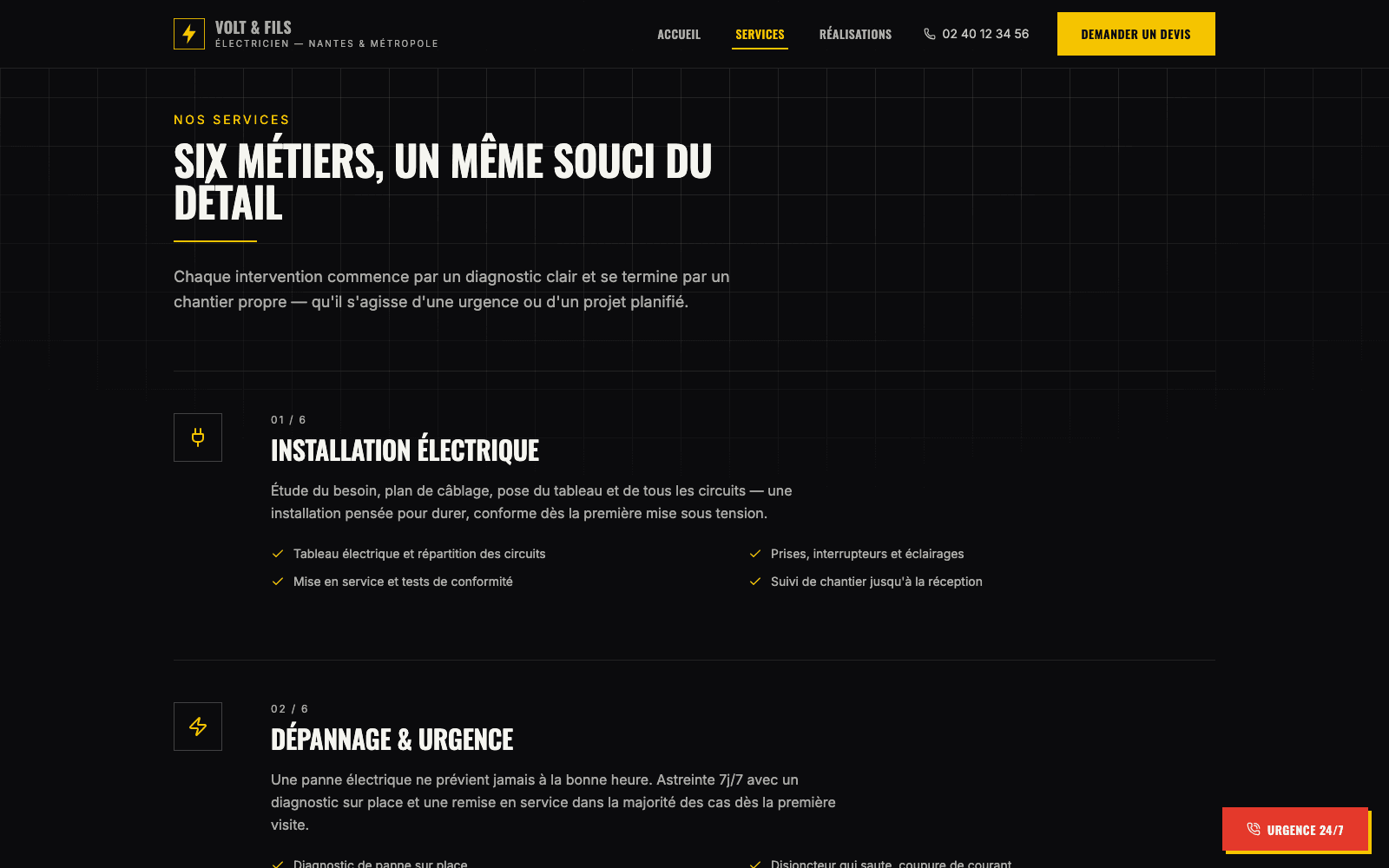 Capture d'écran réelle de la page Services de Volt & Fils