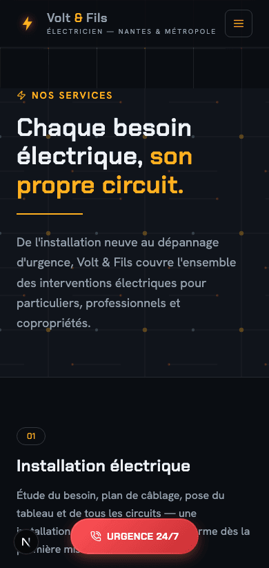 Capture d'écran réelle de la page Services en mobile