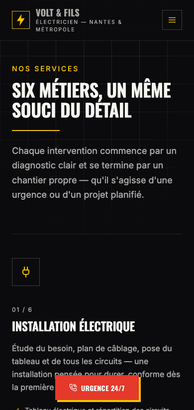 Capture d'écran réelle de la page Services en mobile