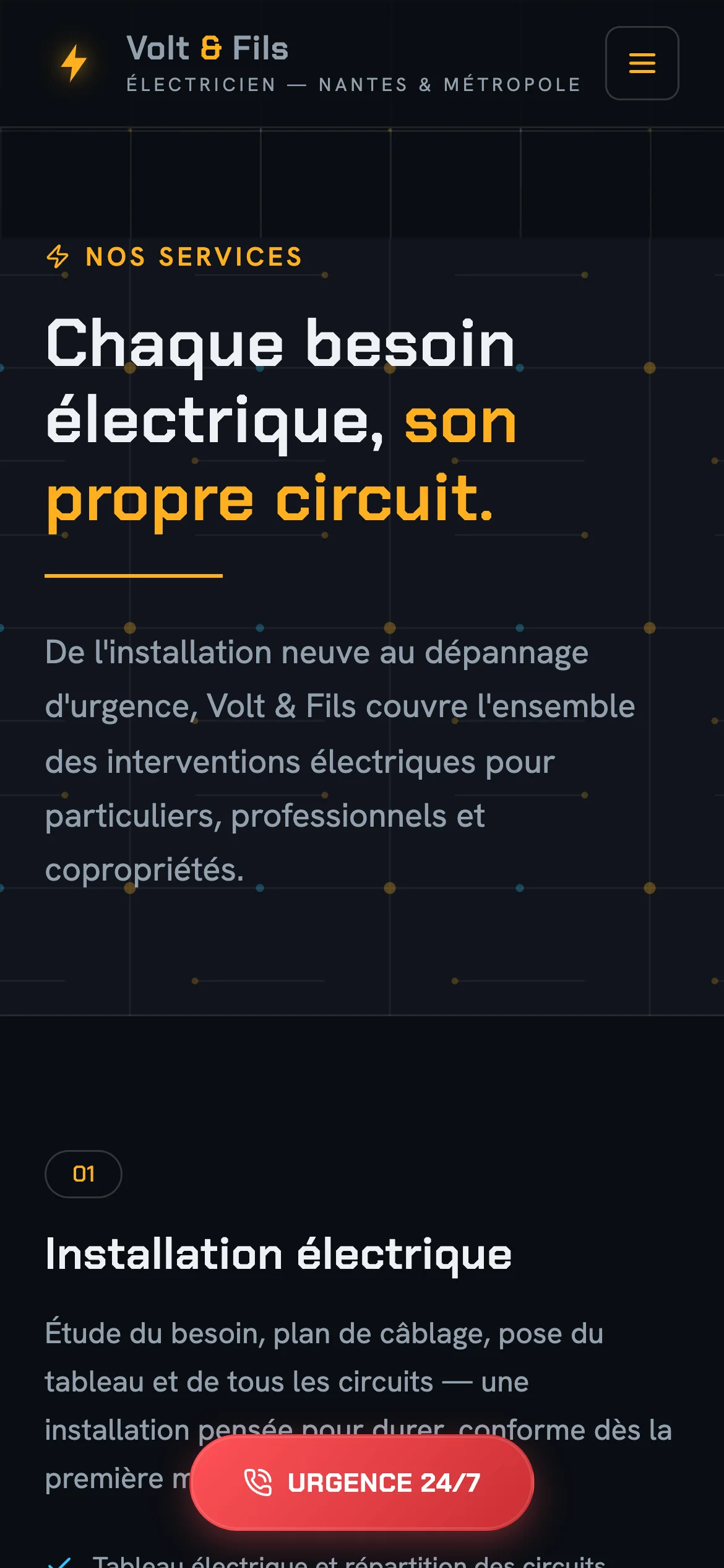 Capture d'écran réelle de la page Services en mobile