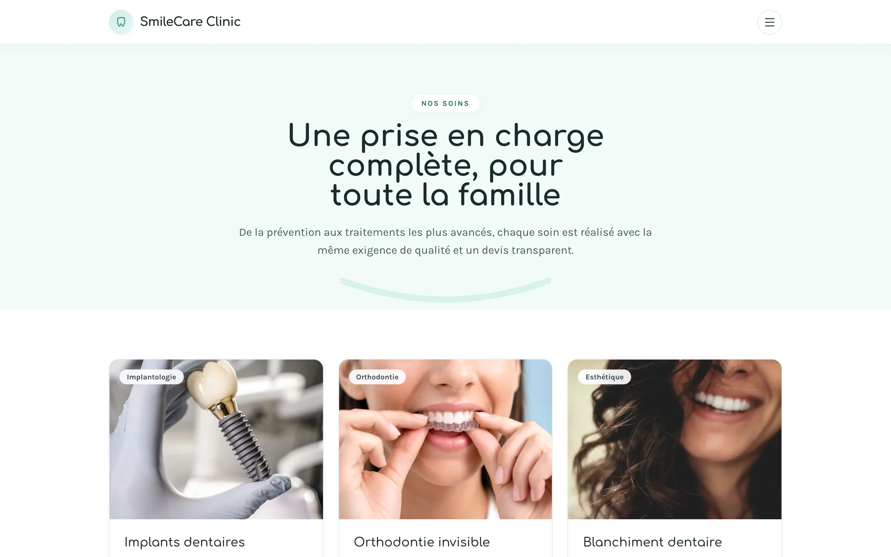 Capture d'écran de la page Neuf soins, présentés avec transparence