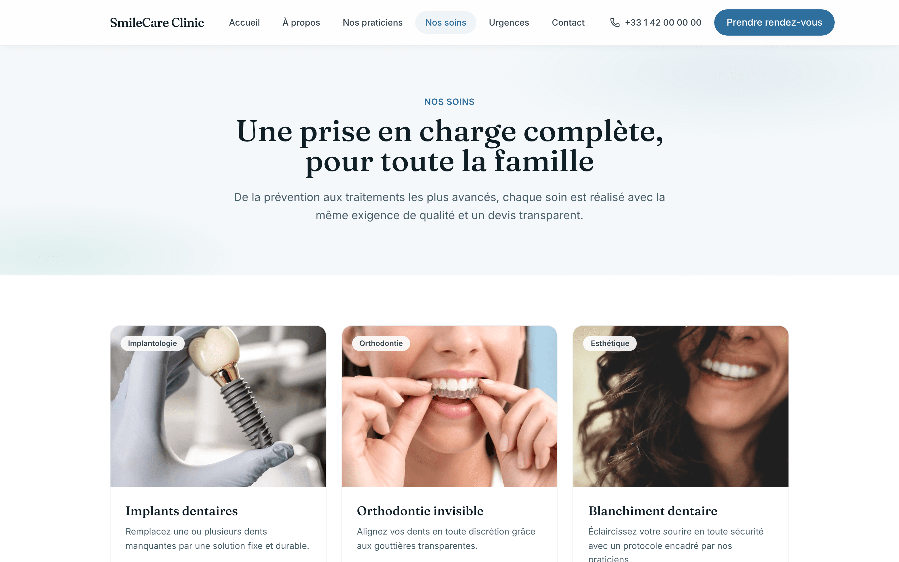 Capture d'écran de la page Neuf soins, présentés avec transparence