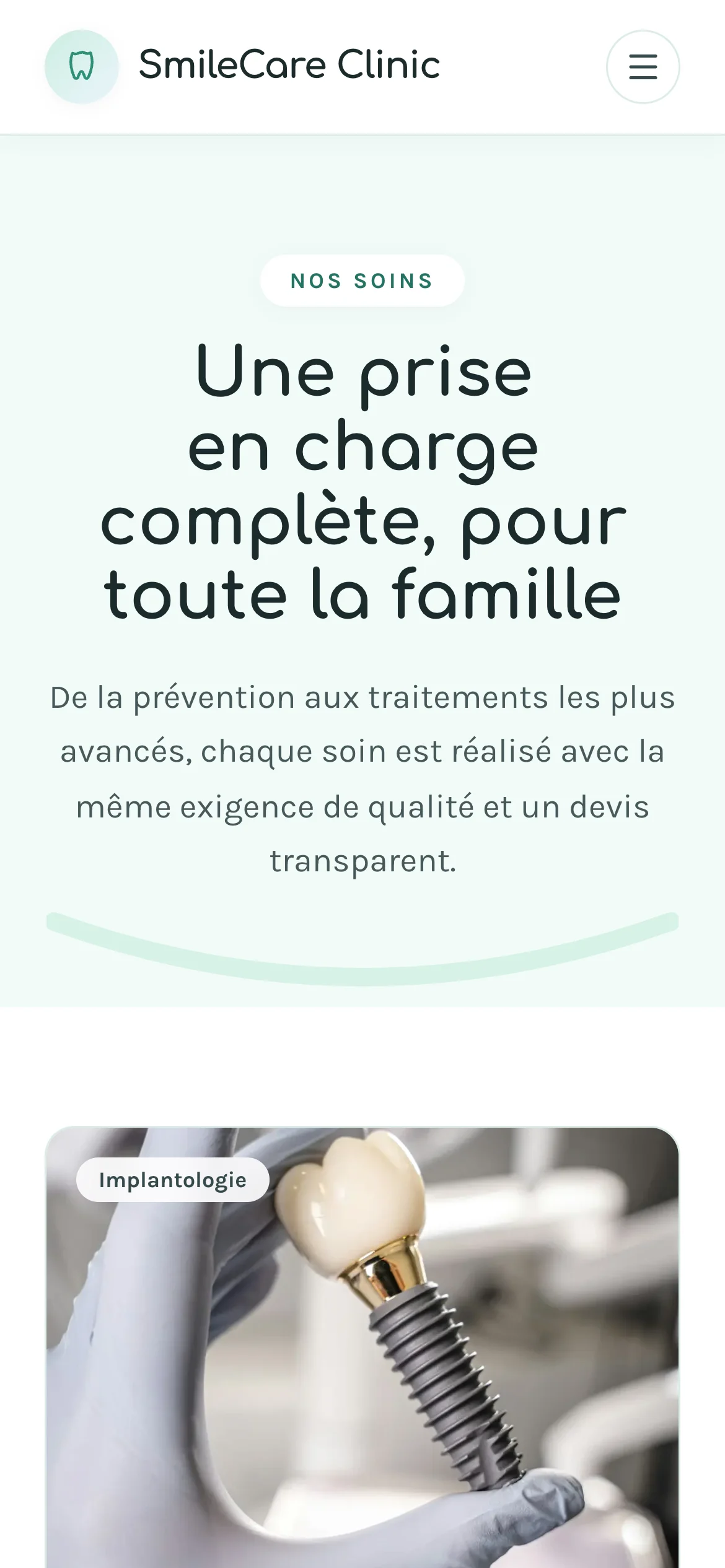 Capture d'écran réelle de la page des soins en mobile