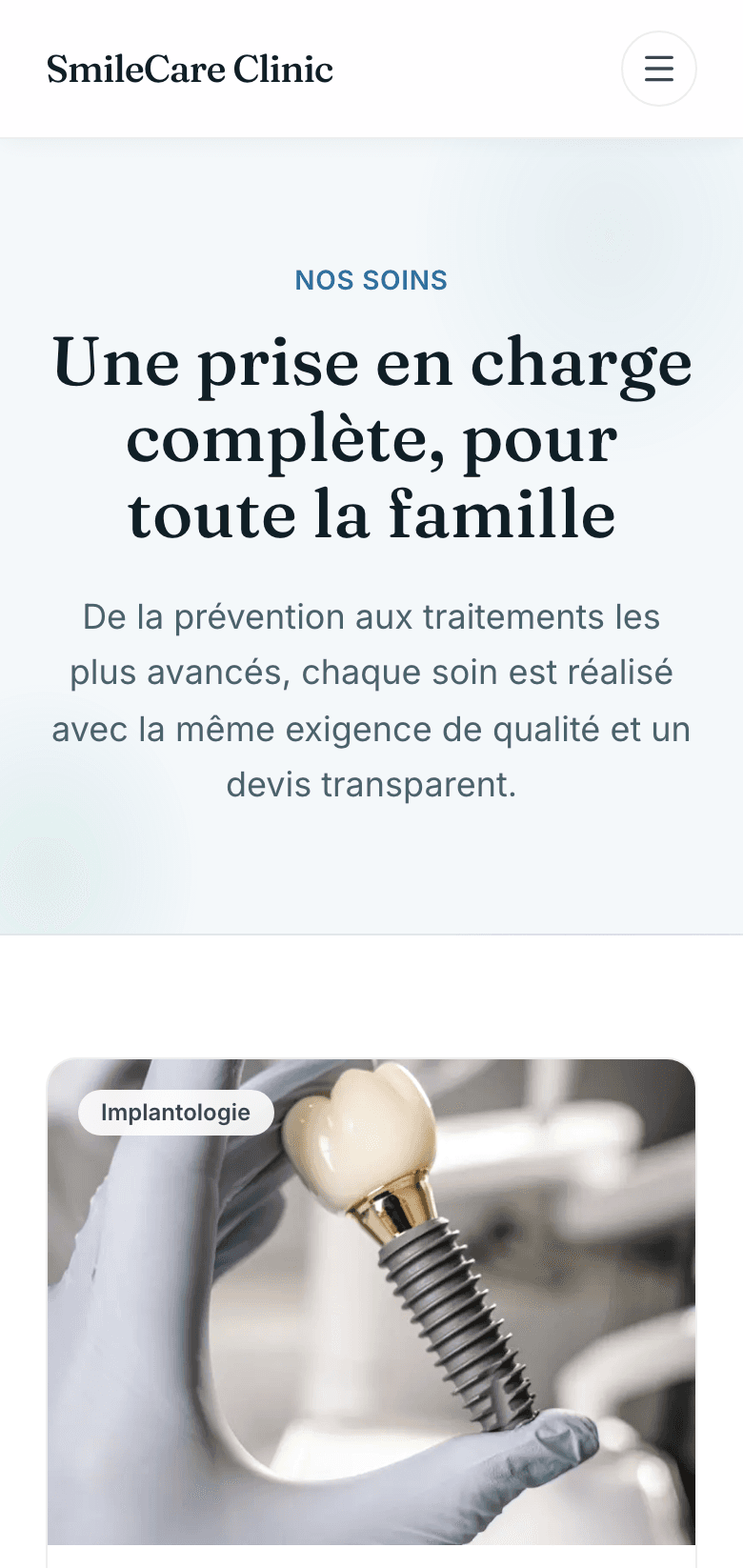 Capture d'écran réelle de la page des soins en mobile