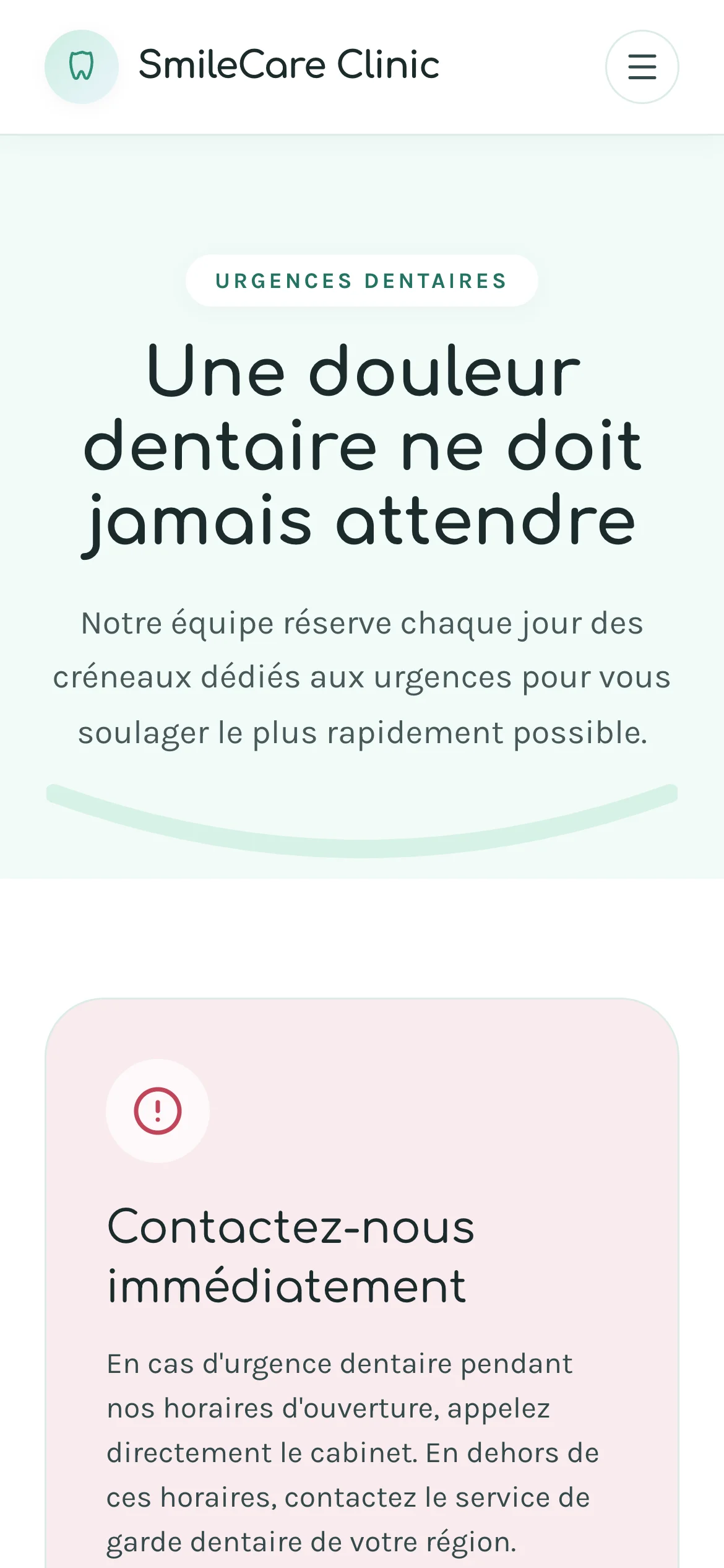 Capture d'écran réelle de la page des urgences en mobile