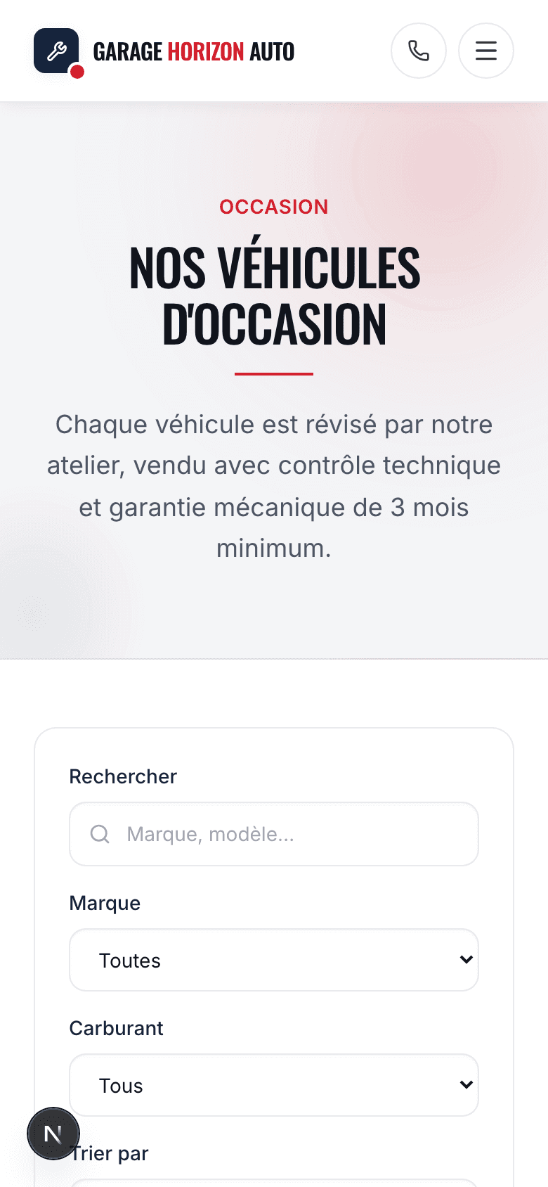Capture d'écran réelle des véhicules d'occasion en mobile