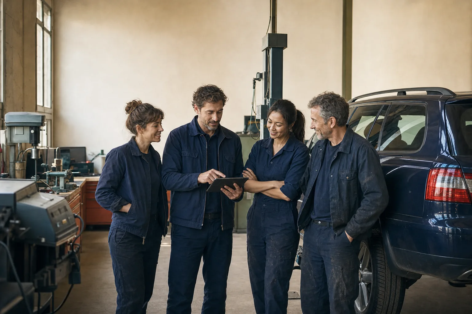 L'équipe de mécaniciens du garage, en tenue de travail bleu nuit