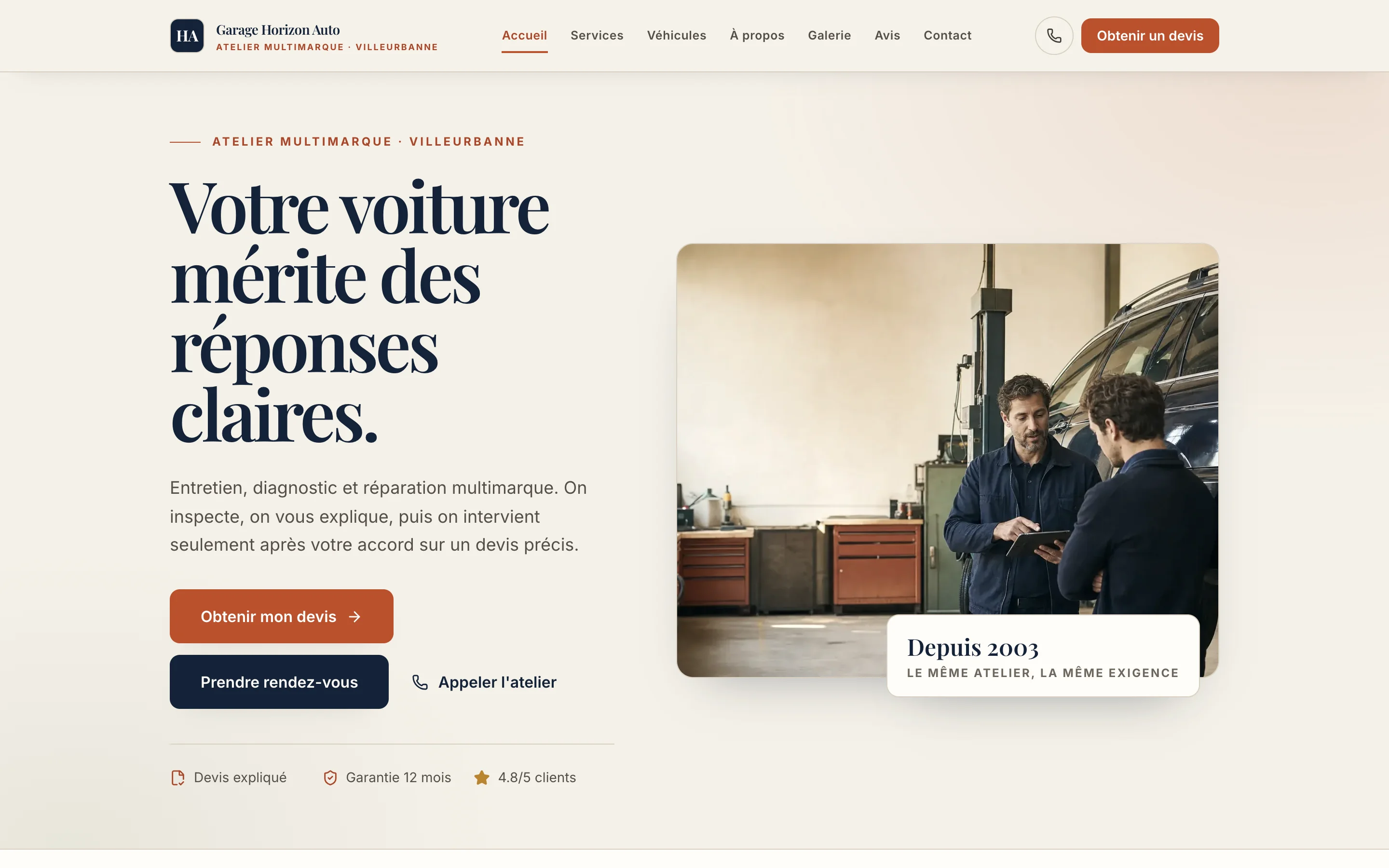 Page d'accueil du projet Garage Horizon Auto
